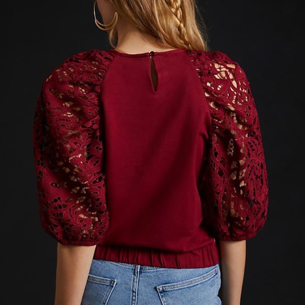 Anthropologie Dolan puffed lace sleeve wine Red Top women’s size small - Picture 6 of 6